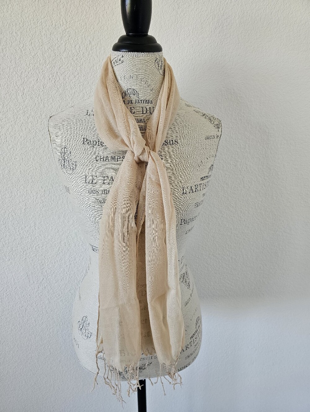 Sheer Beige Lightweight Mesh Scarf Wrap Fringe Trim Soft Neutral Nude